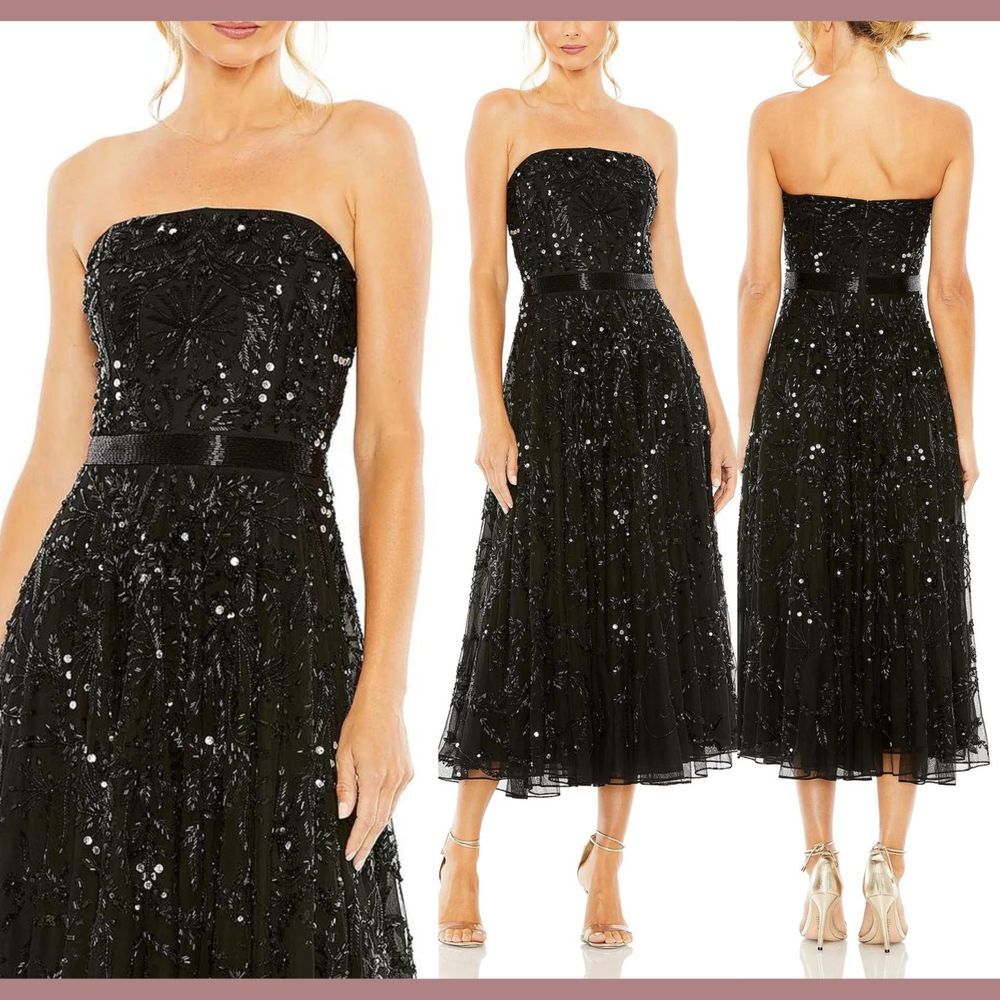 NEW Mac Duggal [ 2 ] 93898 Midi Strapless Embellished‎ A Line Dress Black